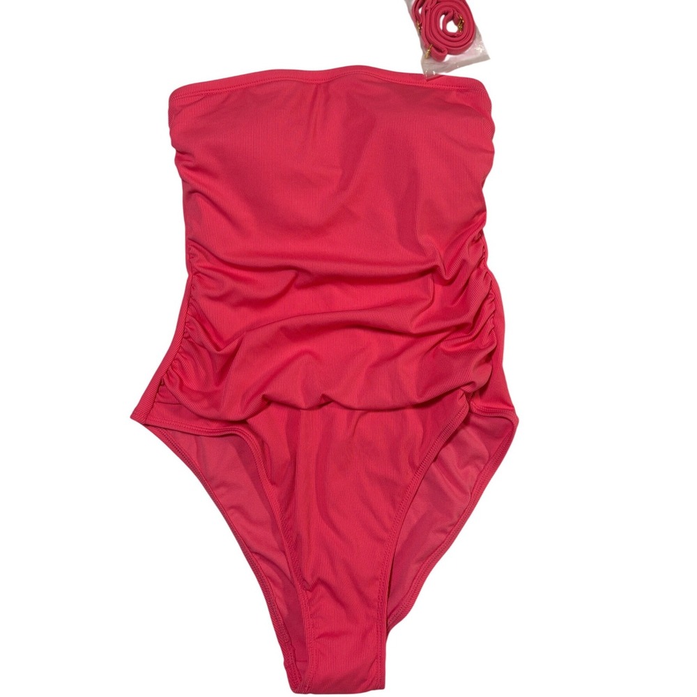 Shade & Shore Pink Ribbed Bandeau One Piece Swimsuit High Leg Cheeky Medium 8-10